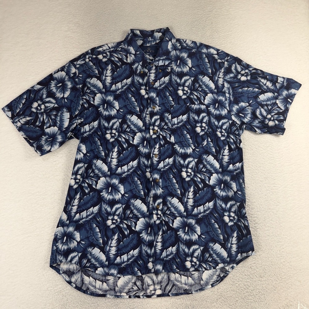 ENRO Vintage Mens XL Floral Shirt Coastal Vacay Button Up Blue 100% Cotton